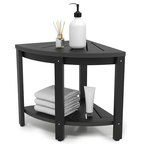 Black Poly Lumber Corner Shower Bench with Storage Shelf O1880