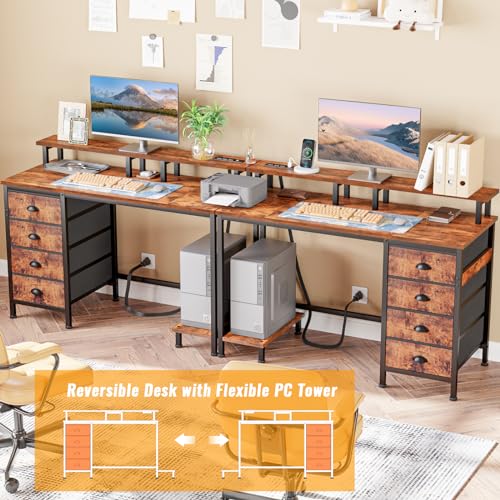 47" Computer Gaming Desk with Monitor Stand, 4 Fabric Drawers & Power Outlets, LED Lights, Rustic Brown R24202