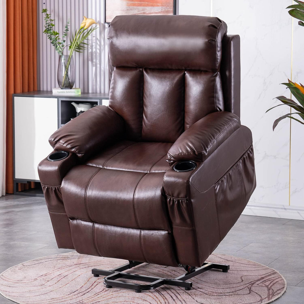 Light Camel Fabric Power Lift Recliner Chair with Massage and Heat G80844