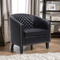 Black Leather Barrel Chair with Nail Head and Wood Legs W4456