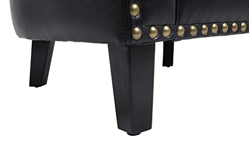 Black Leather Barrel Chair with Nail Head and Wood Legs W4456