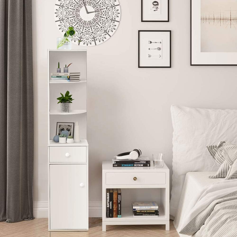 White Tall Corner Storage Cabinet with Doors and Three Tier Shelves E7782