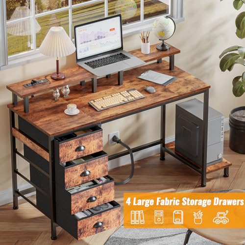 47" Computer Gaming Desk with Monitor Stand, 4 Fabric Drawers & Power Outlets, LED Lights, Rustic Brown R24202