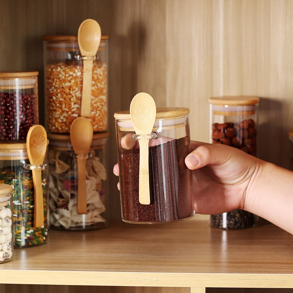 3 Pack 17 oz Glass Jars with Lids and Spoons and 3 Pack 6 oz Glass Spice Jars with Lids, Clear Glass Jars Set of 6 N3695