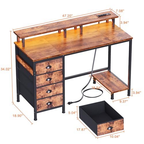 47" Computer Gaming Desk with Monitor Stand, 4 Fabric Drawers & Power Outlets, LED Lights, Rustic Brown R24202