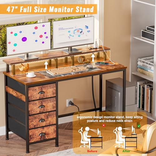 47" Computer Gaming Desk with Monitor Stand, 4 Fabric Drawers & Power Outlets, LED Lights, Rustic Brown R24202