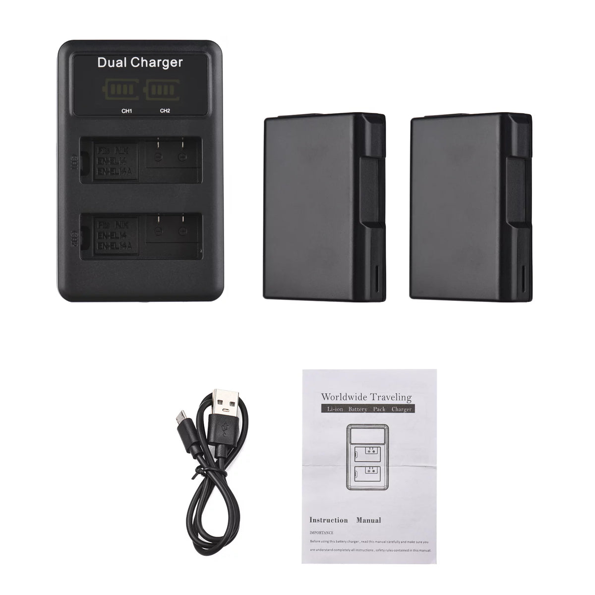 2pcs 7.4V 1500mAh Battery + 1pc Dual Channel Battery USB Port Screen Display M38412