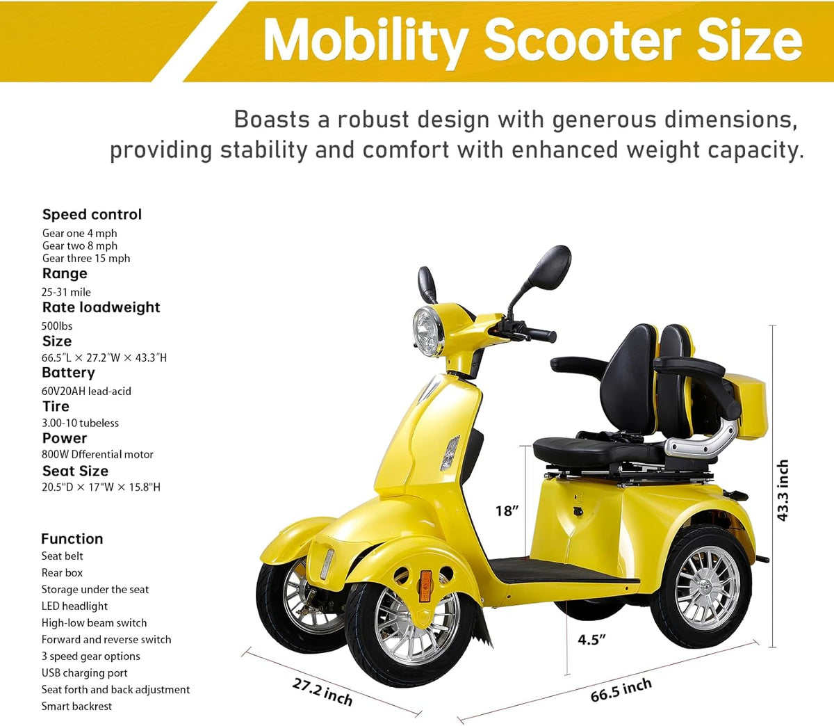 Yellow 4 Wheel Mobility Scooter 500lbs Capacity F355189