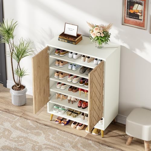 Brown 6-Tier 24 Pairs Wooden Shoe Cabinet with Doors M56942