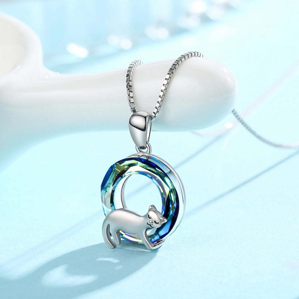 Cat Crystal Pendant Necklace 925 Sterling Silver S8304