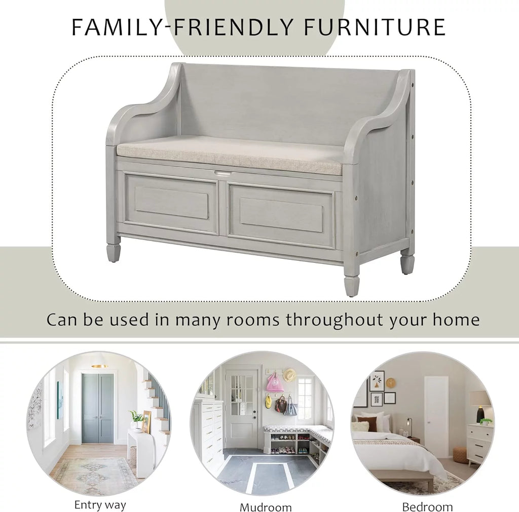 Rustic Wooden Storage Bench with Upholstered Seat Cushion M8604