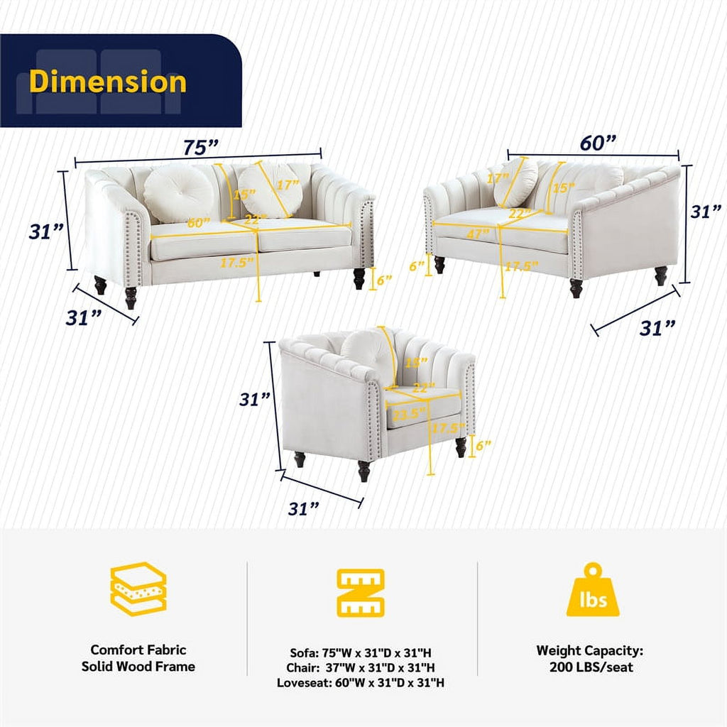 3 Piece Velvet Sofa Loveseat and Chair X96663