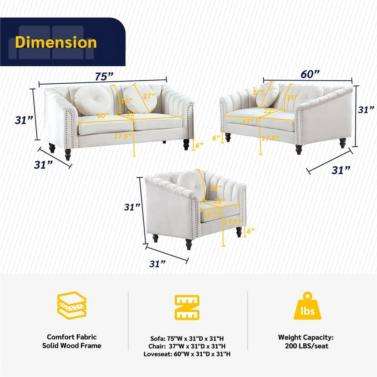 3 Piece Velvet Sofa Loveseat and Chair X96663