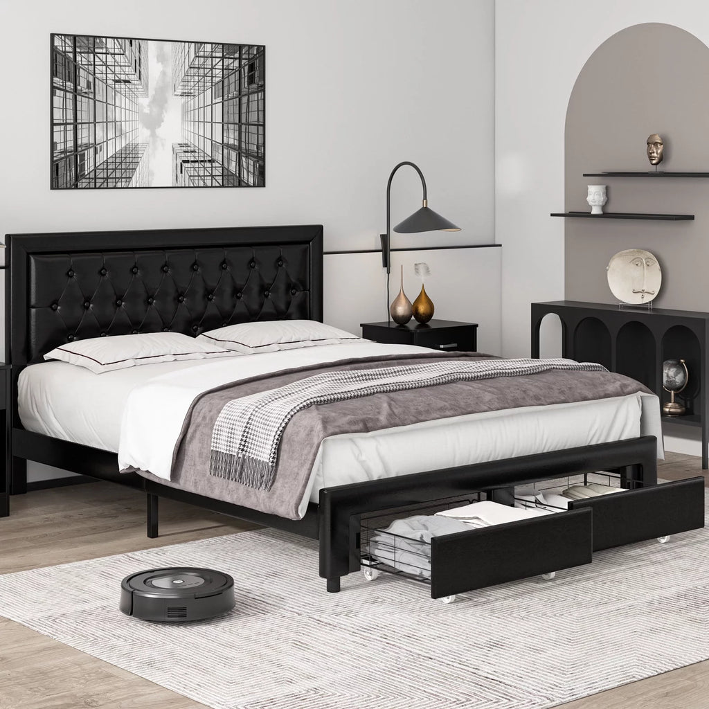 Queen Size Black PU Leather Upholstered Platform Bed Frame I82991