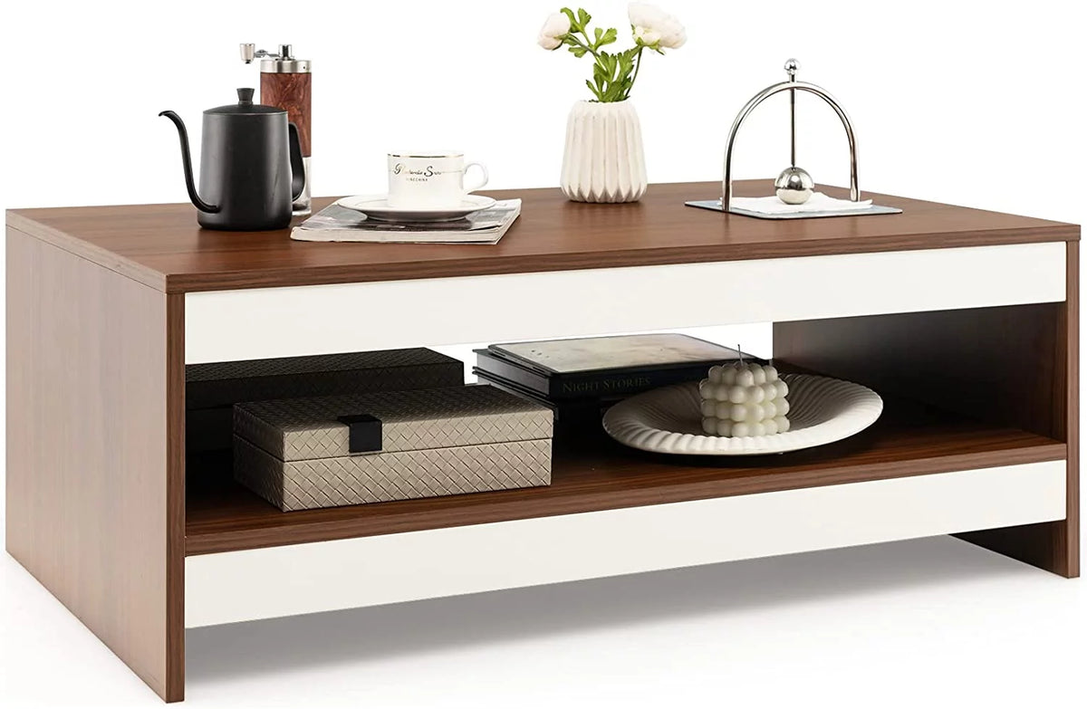 37 Inch Two-Tier Wooden Coffee Table with Storage Shelf X428