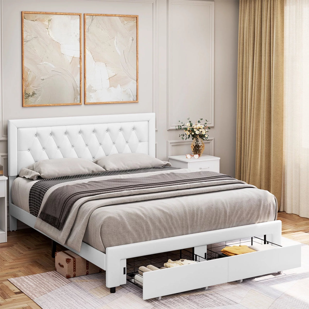 Queen Size Black PU Leather Upholstered Platform Bed Frame I82991