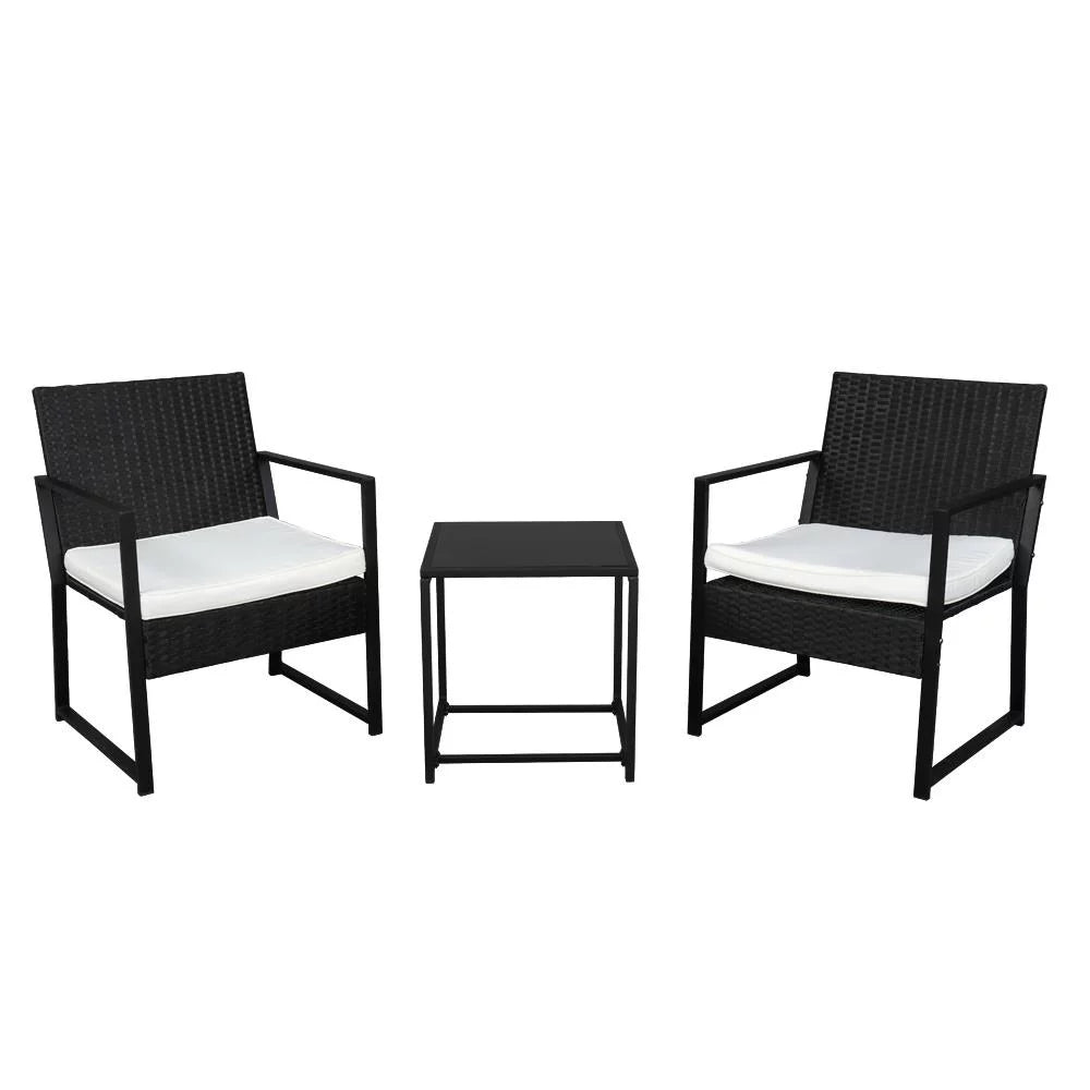 Black 3-Piece Faux Wicker Rattan Chair Conversation Set with Cushion Q1029