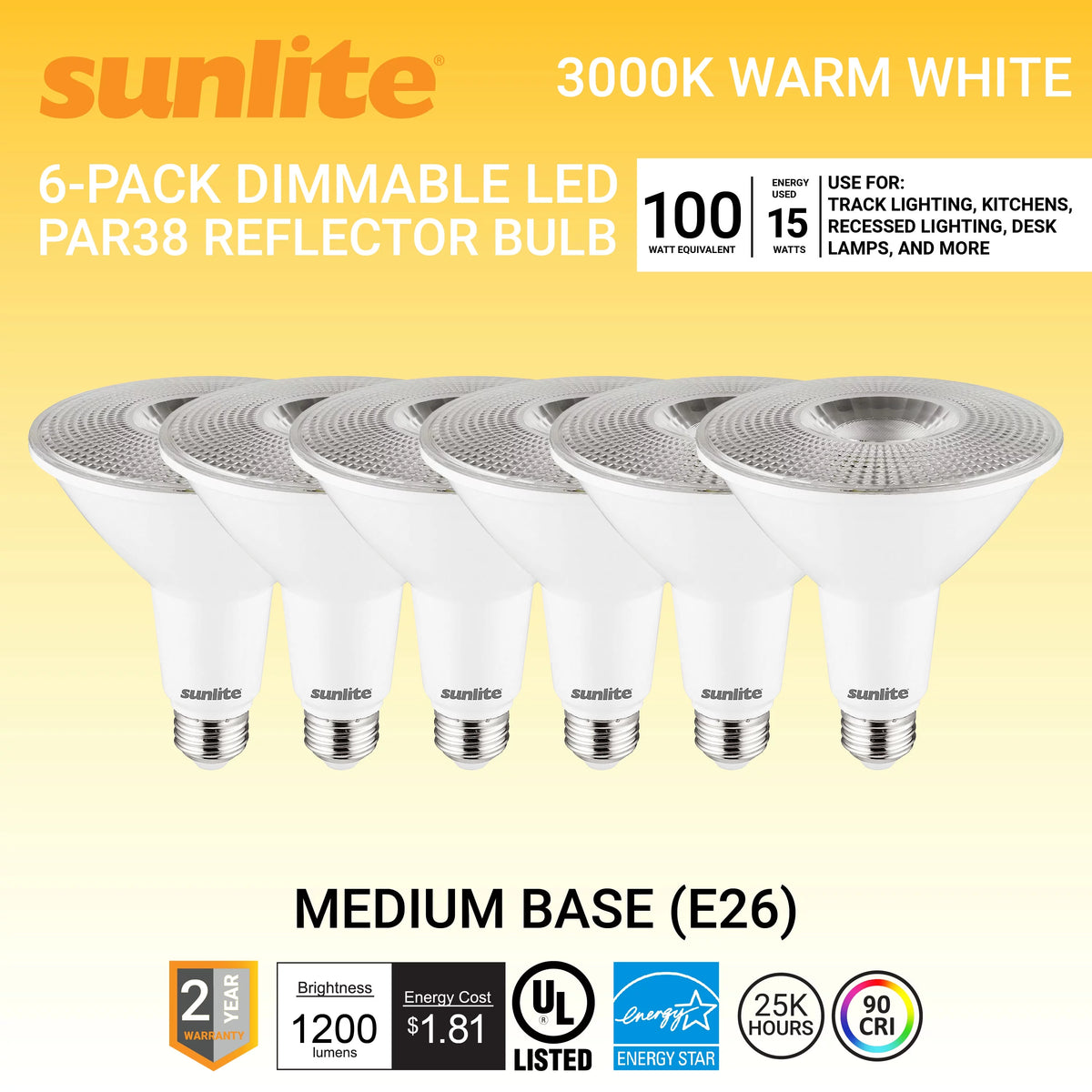 LED PAR38 Long Neck Spotlight Bulb 15 Watts Dimmable 3000K Warm White 6-Pack A6149