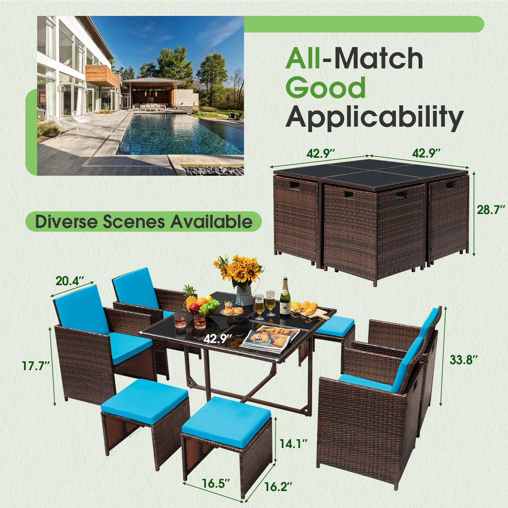 9 Pieces Outdoor Dining Set Wicker Chairs with Glass Table D8796