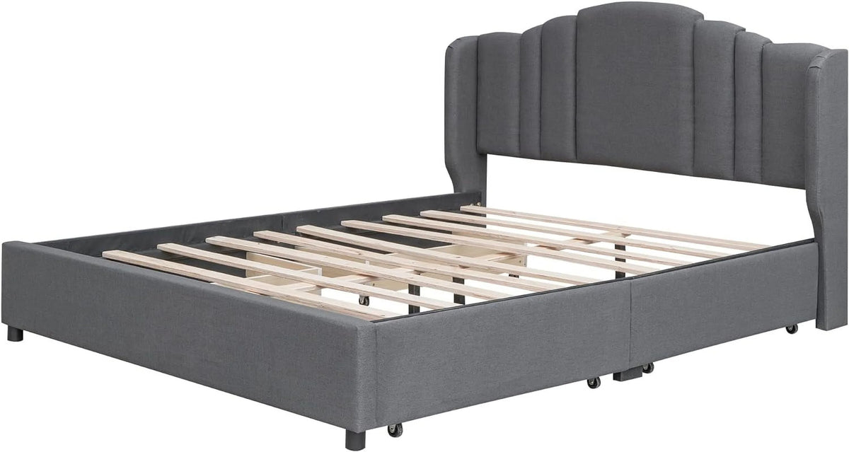 Queen Size Upholstered Platform Bed with Wingback Headboard and 4 Drawers I7362