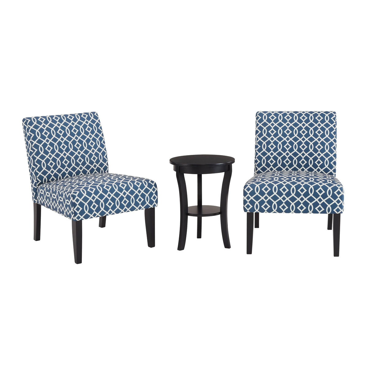 3pc Set Blue Fabric Upholstered Side Table and 2 Chairs M9297