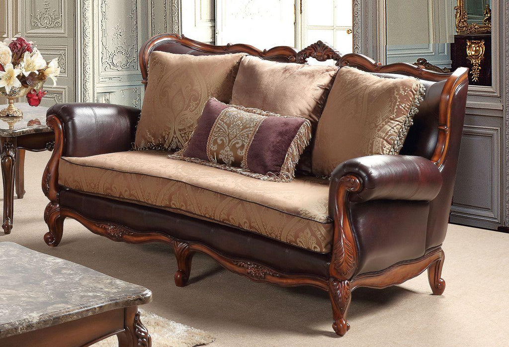 Cherry Finish Wood Pattern Fabric Sofa Set 2Pc K554442