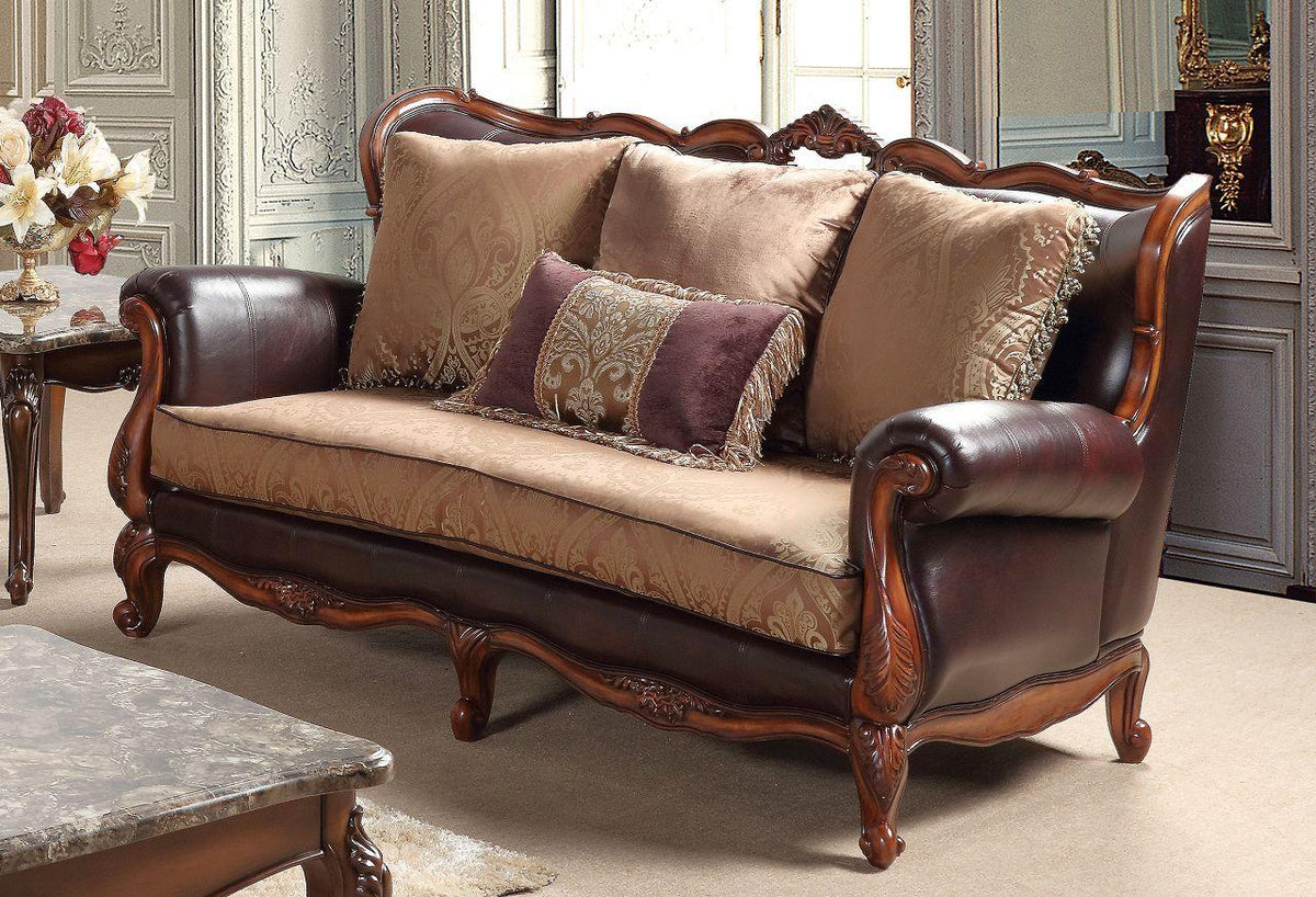 Cherry Finish Wood Pattern Fabric Sofa Set 2Pc K554442