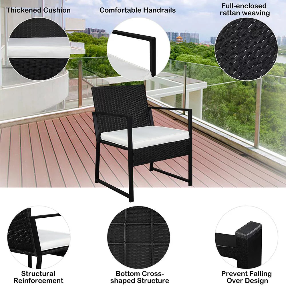 Black 3-Piece Faux Wicker Rattan Chair Conversation Set with Cushion Q1029
