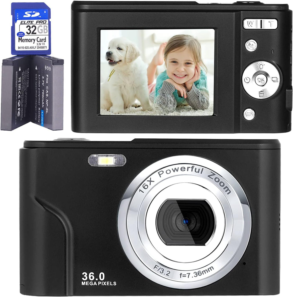 FHD 1080P 36.0 MP Kids Digital Camera with 32G SD Card, 16X Digital Zoom, Pack of 2 W243765