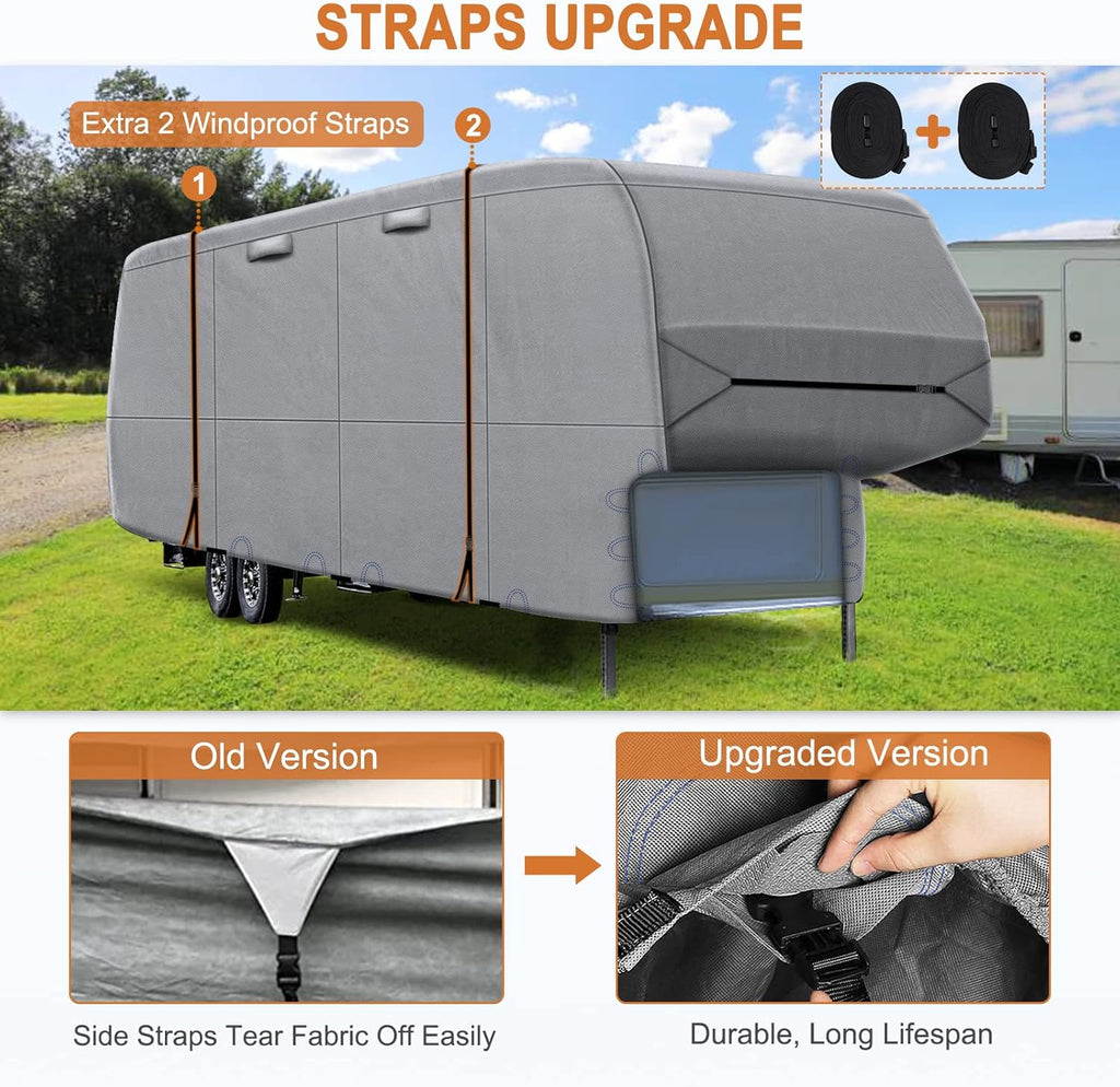 Heavy Duty 6 Layers 5th Wheel RV Cover Anti-UV Breathable Rip-Stop with 2Pcs Extra Straps & Gutter Spout Covers F5743