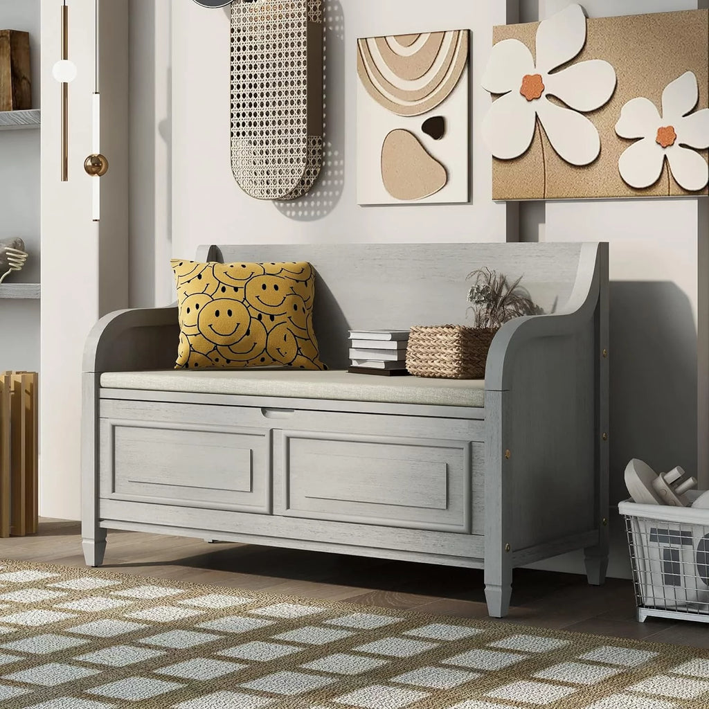 Rustic Wooden Storage Bench with Upholstered Seat Cushion M8604