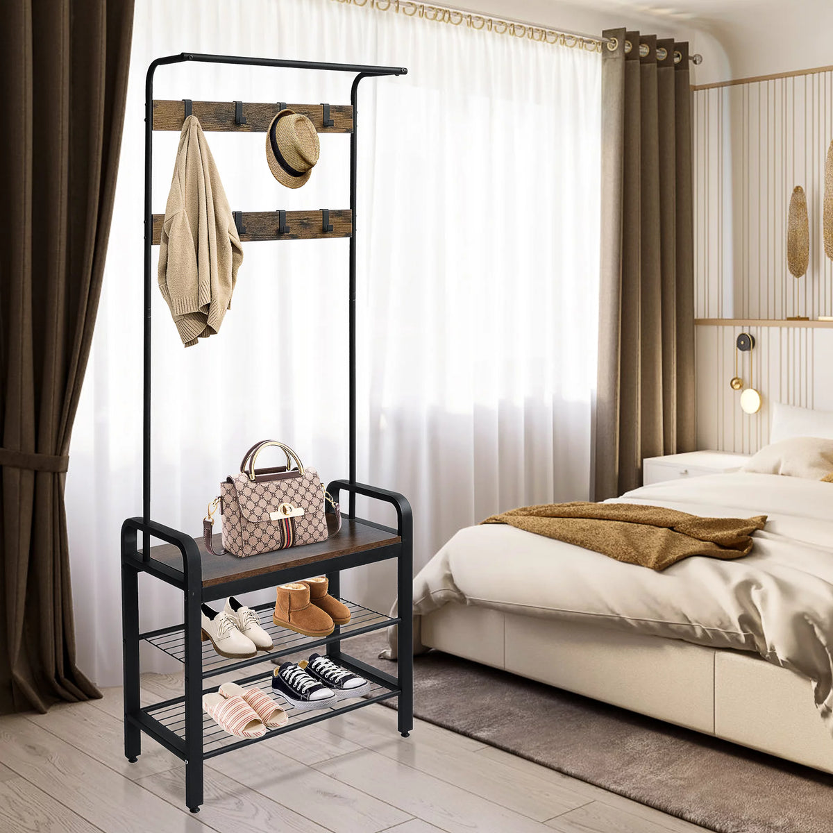 Freestanding Coat Rack with Shoe Bench R860525