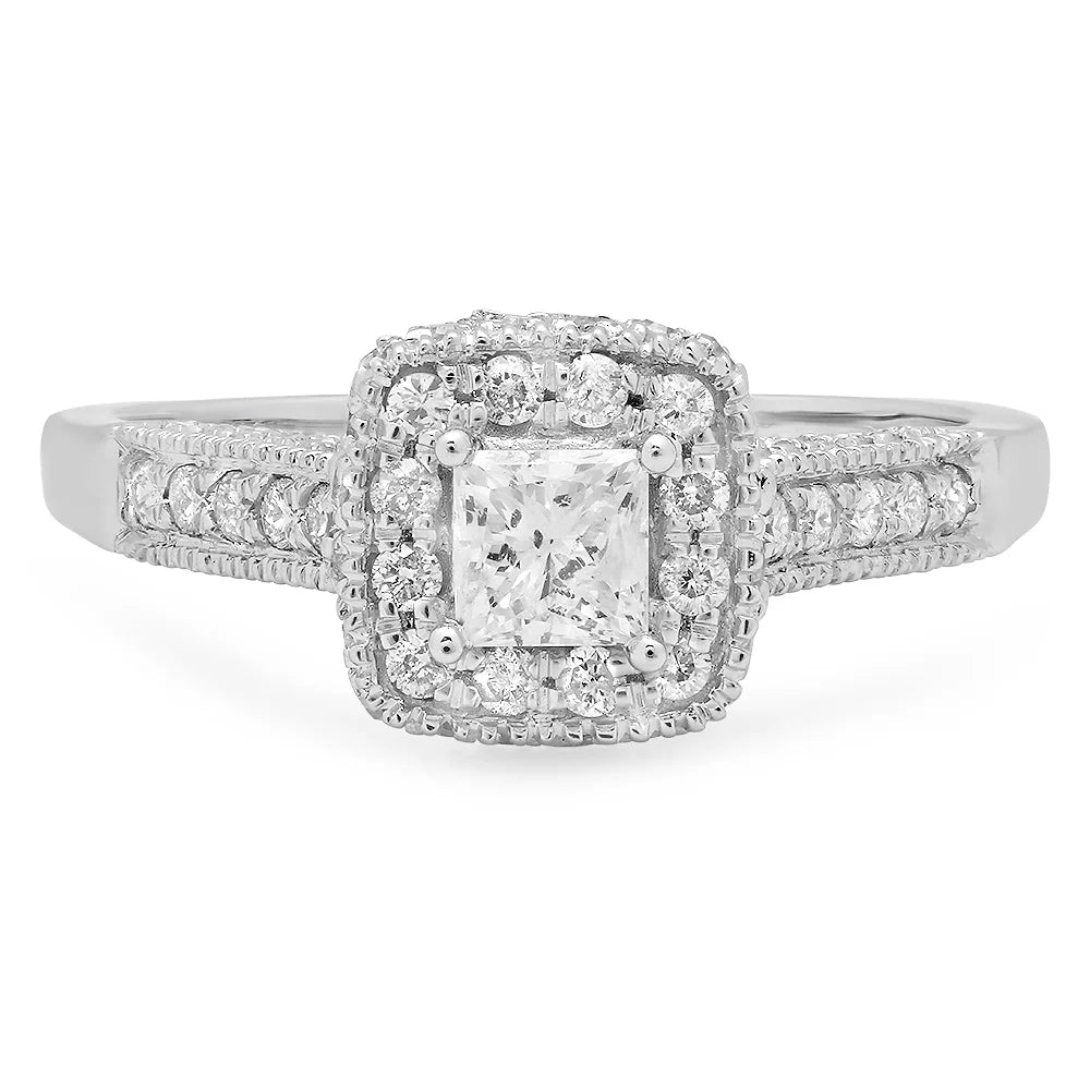 14k White Gold Princess Diamond Halo Engagement Ring A175