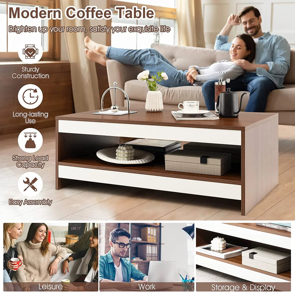 37 Inch Two-Tier Wooden Coffee Table with Storage Shelf X428