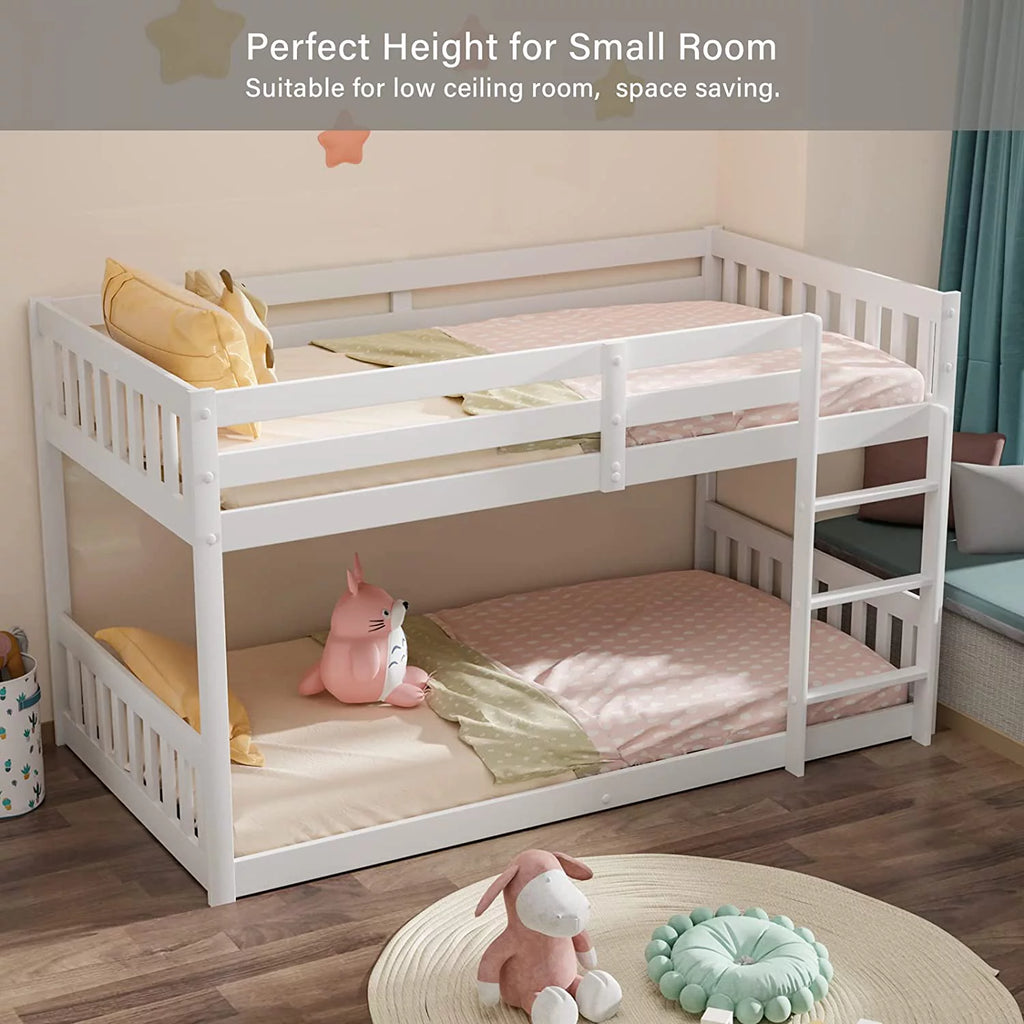 White Wood Twin Over Twin Bunk Bed with Guardrails & Ladder U129