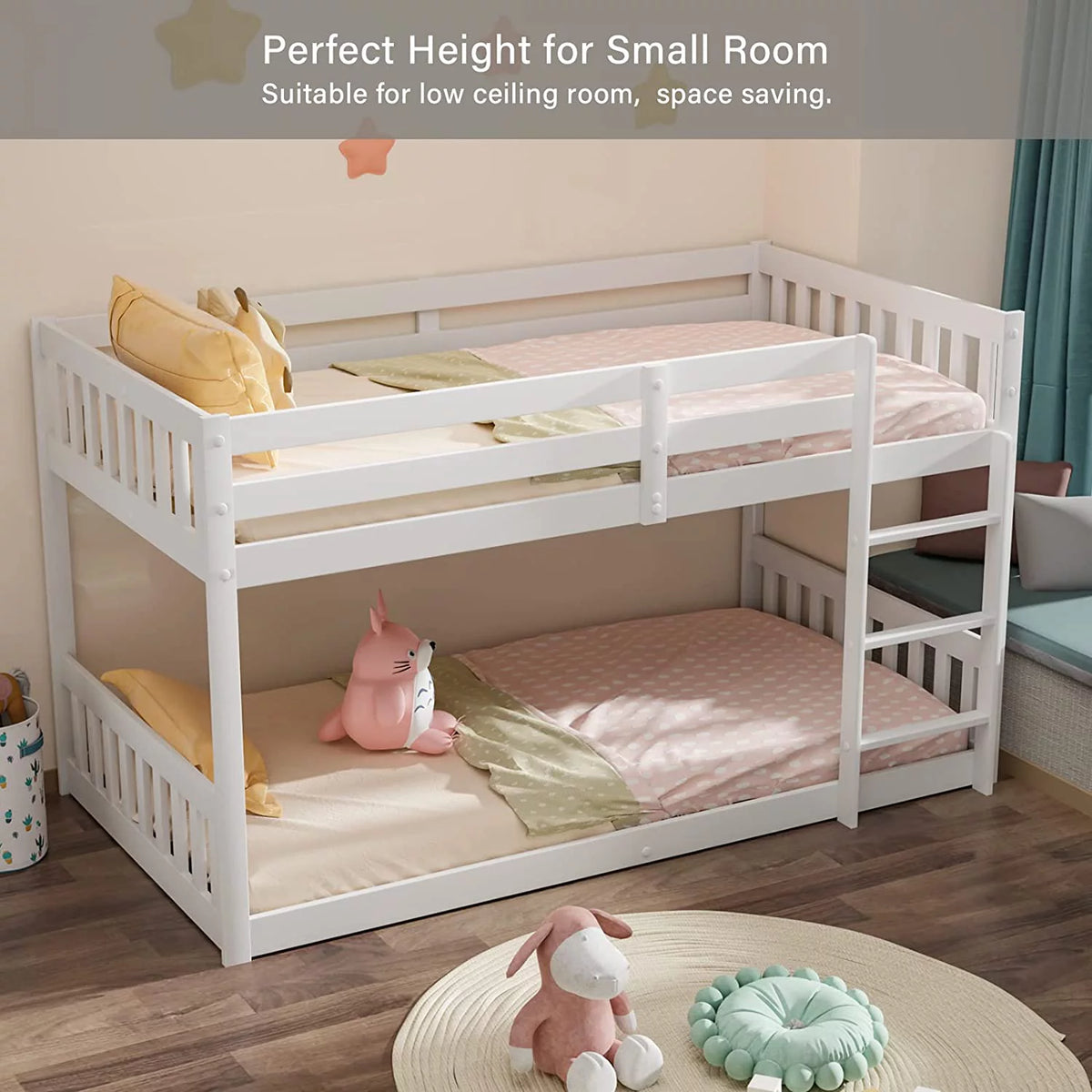 White Wood Twin Over Twin Bunk Bed with Guardrails & Ladder U129