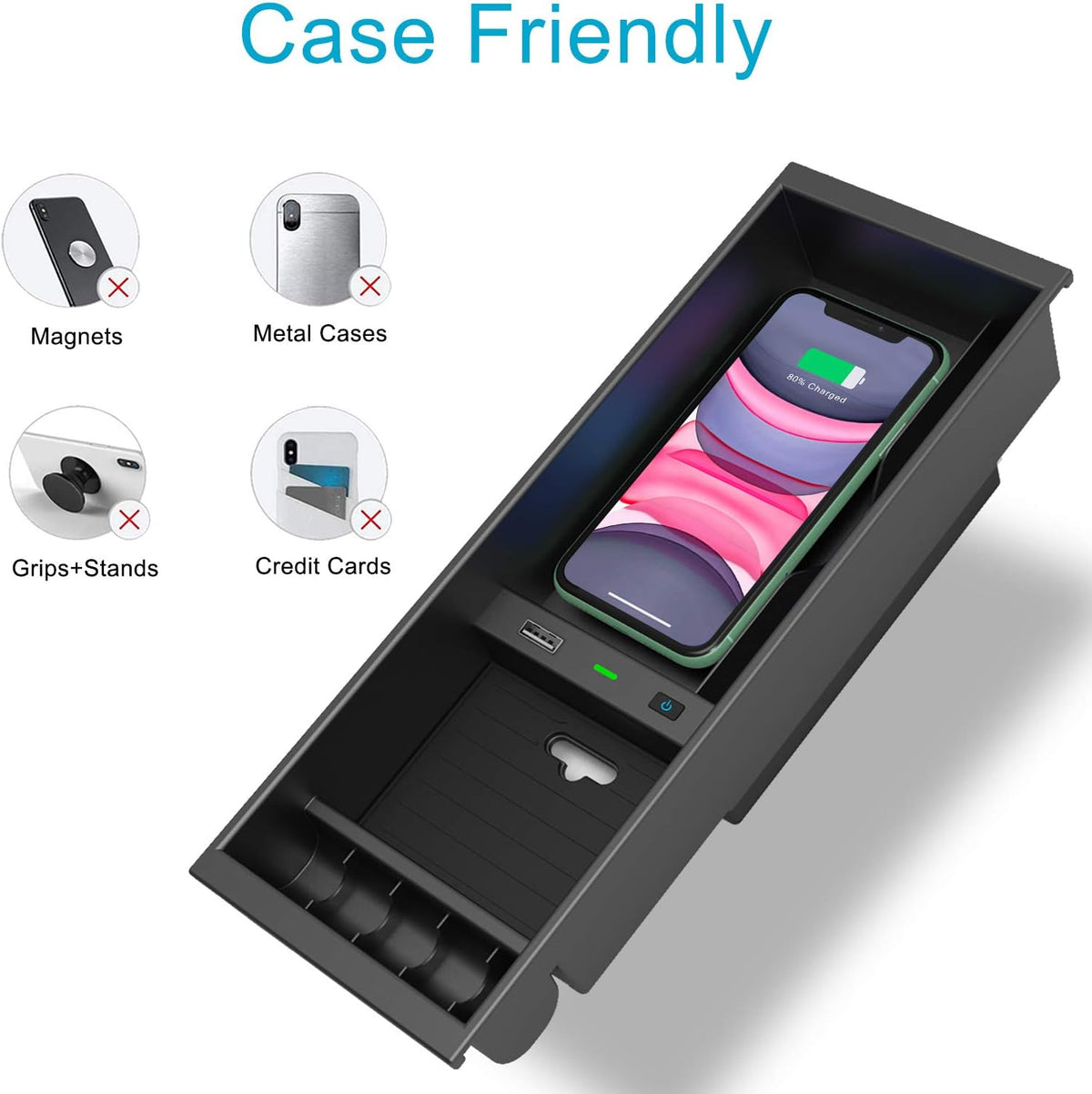 Wireless Charger Center Console Organizer Box for Ford F150 O6978