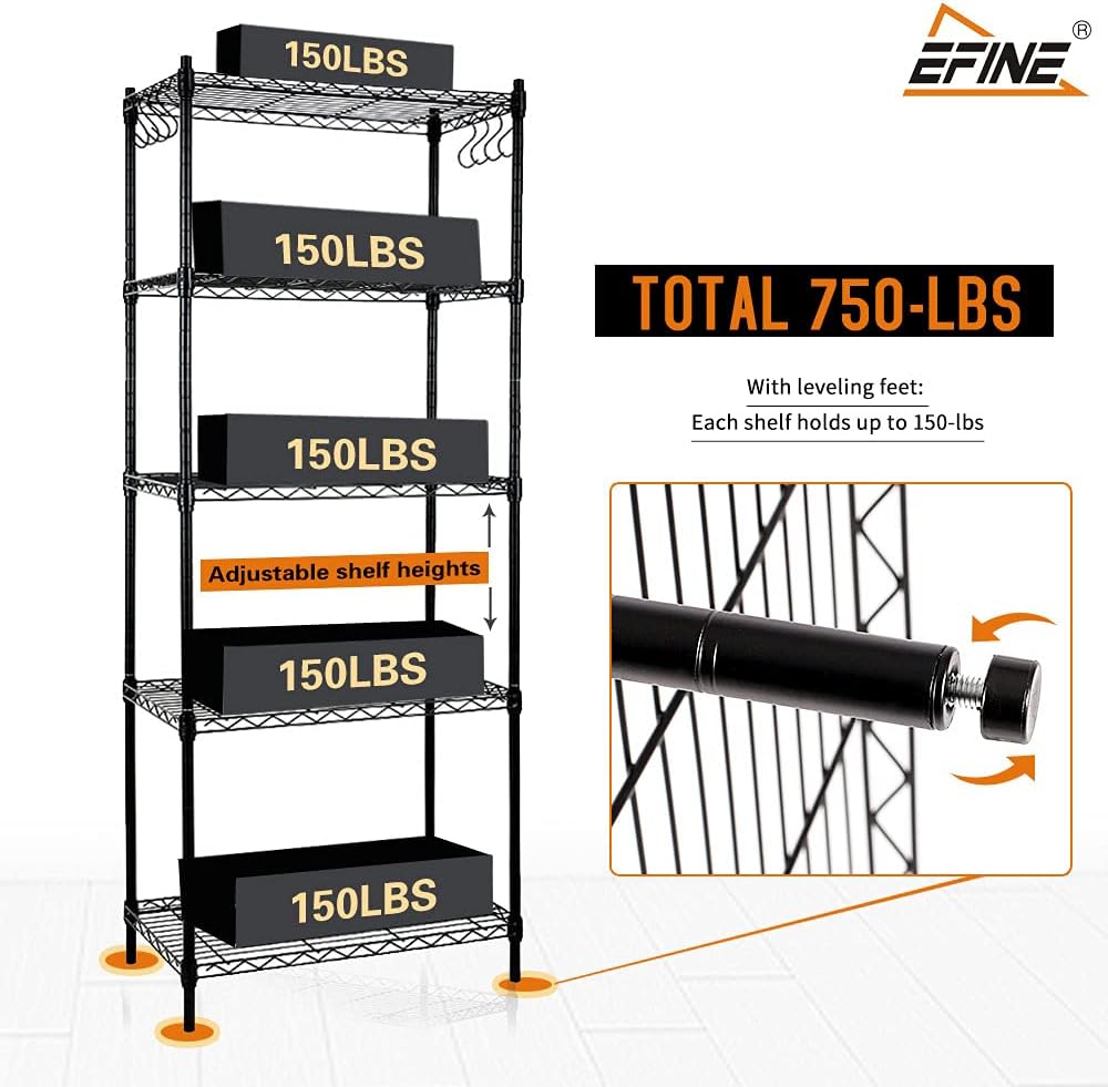 5-Shelf Steel Wire Shelving Unit with 8-Hook, Black, Pack of 2 X1569