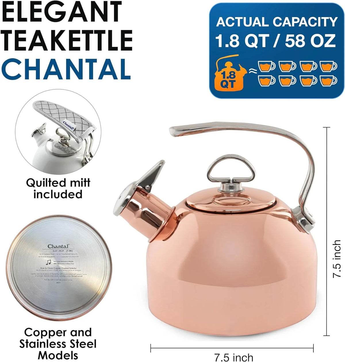 1.8 QT Food Grade Pure Copper Teakettle A571