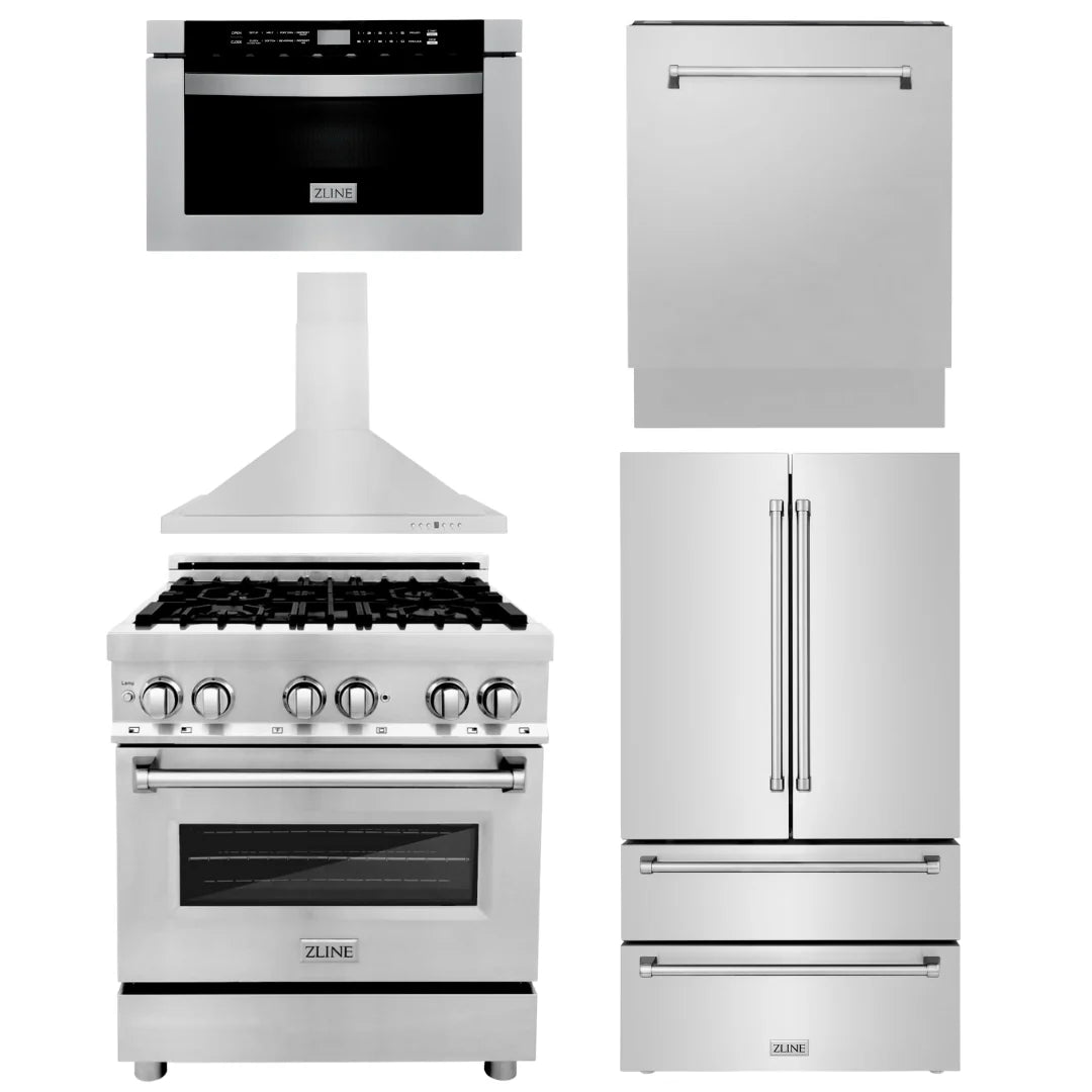 30 in. Dual Fuel Range, Range Hood, Microwave Drawer, Dishwasher, Refrigerator X569803