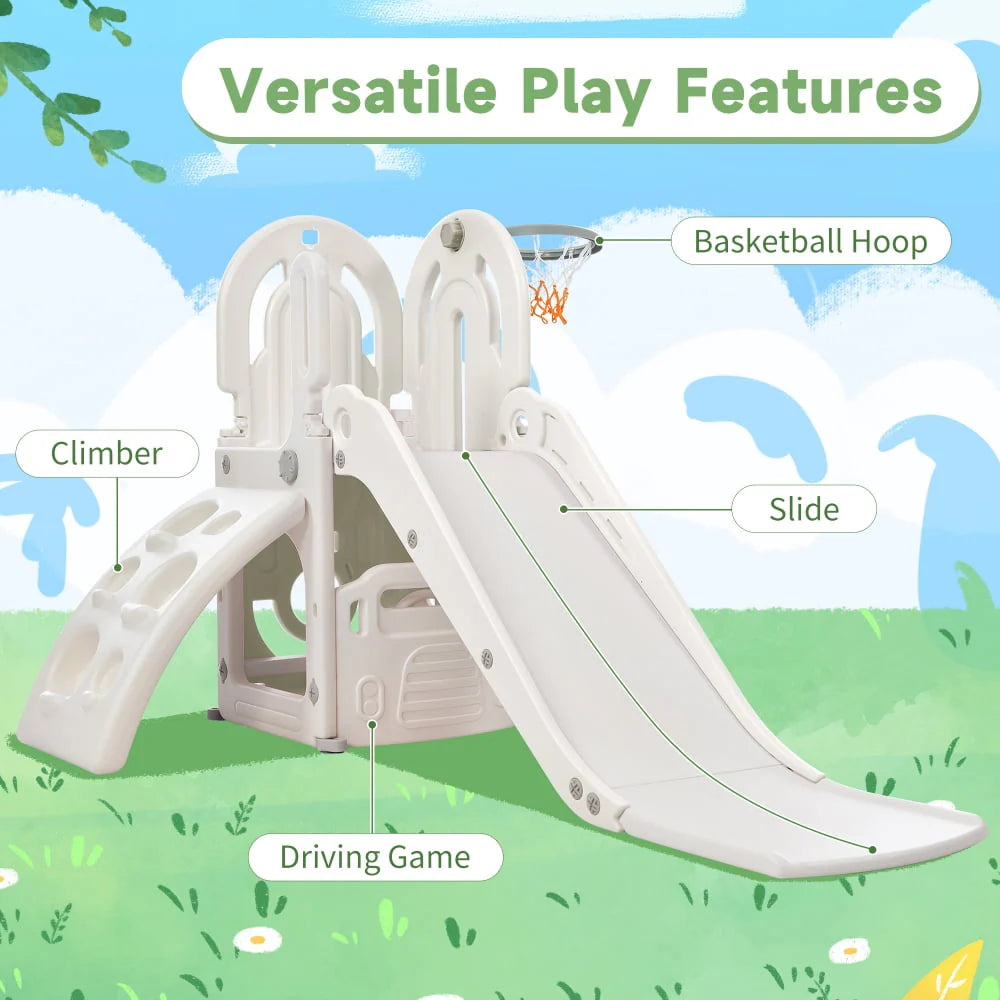 Kids Toddler Climbing and Slide Set 4 in 1, Freestanding Slide Playset with Basketball Hoop and Driving Game Space, Pink S324
