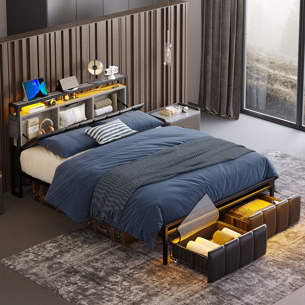 Queen Size Platform Bed Frame with Storage Headboard and 2 Drawers U627