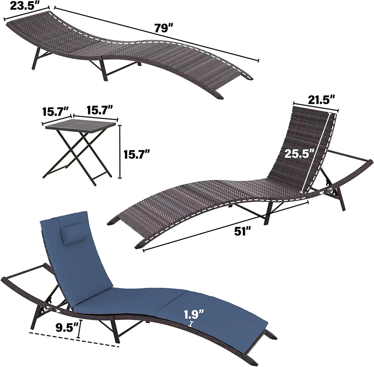 Rattan Adjustable Back 3 Pieces Cushioned Patio Chaise Lounge G735
