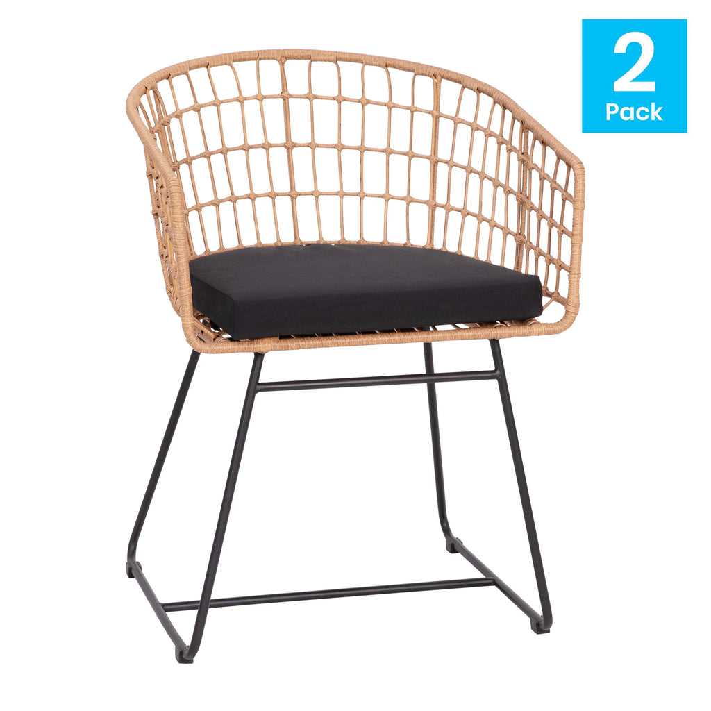 Set of 2 Indoor/Outdoor Rope PE Wicker Rattan Club Chairs with Black Cushions Z1237
