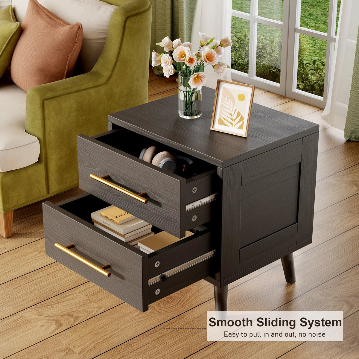 Black 2 Drawer Wood Nightstand B1531