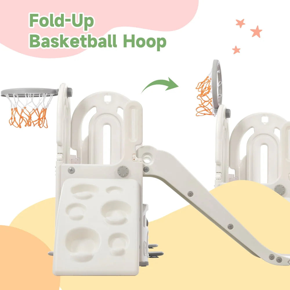 Kids Toddler Climbing and Slide Set 4 in 1, Freestanding Slide Playset with Basketball Hoop and Driving Game Space, Pink S324