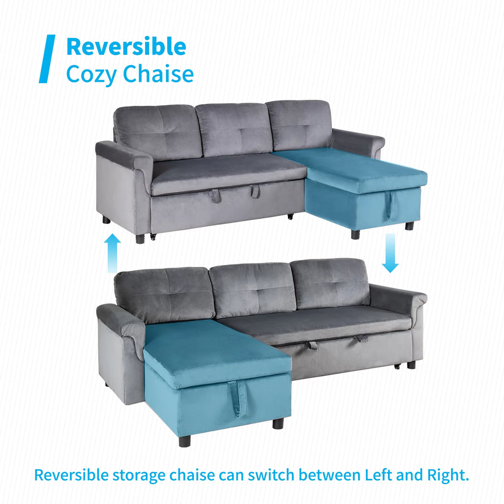 Light Gray Velvet Reversible Sectional Sofa with Storage Chaise I13725