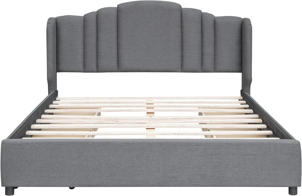 Queen Size Upholstered Platform Bed with Wingback Headboard and 4 Drawers I7362