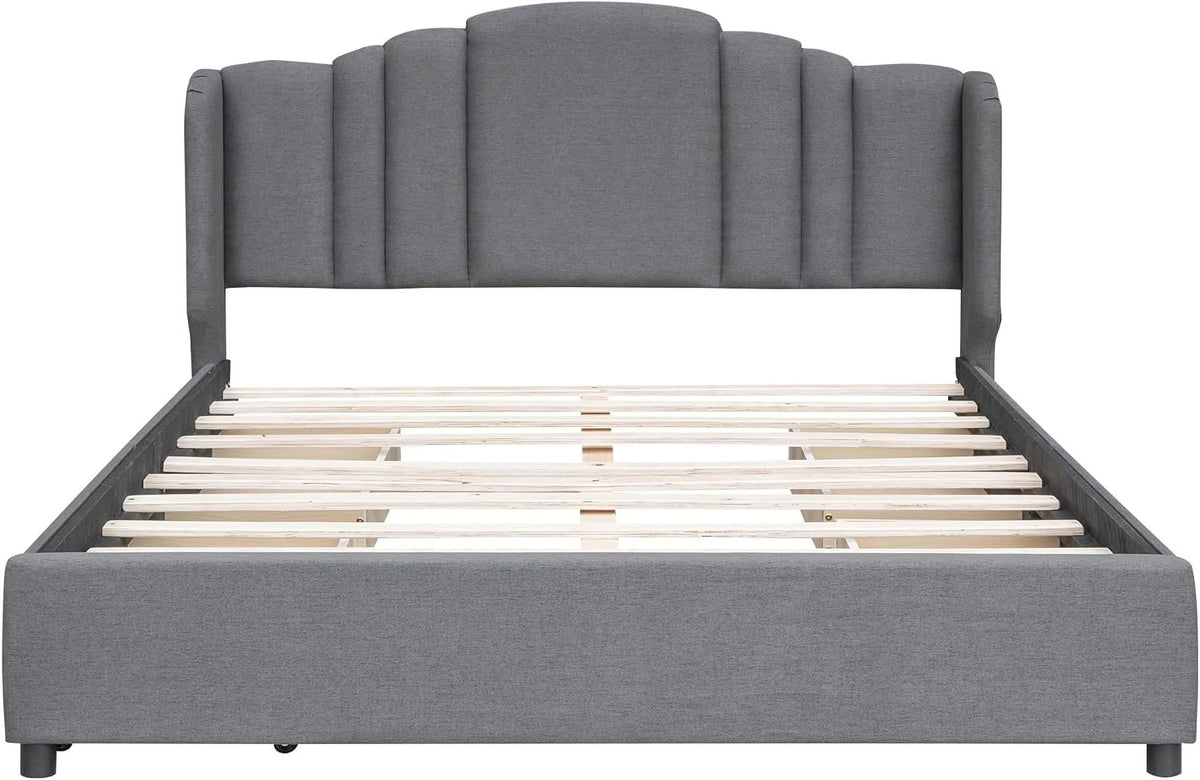 Queen Size Upholstered Platform Bed with Wingback Headboard and 4 Drawers I7362