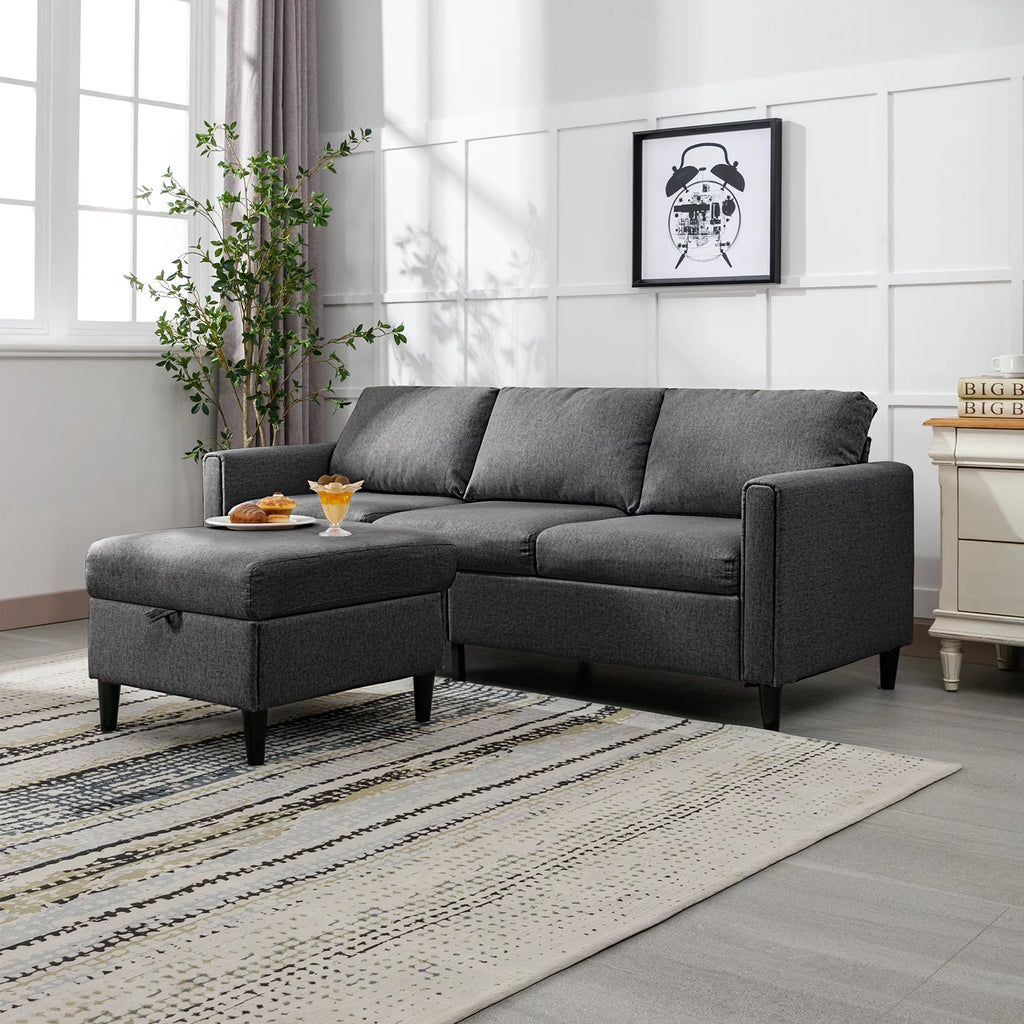 Small Sectional Sofa 3 Seater with Storage Ottoman Light Grey P484